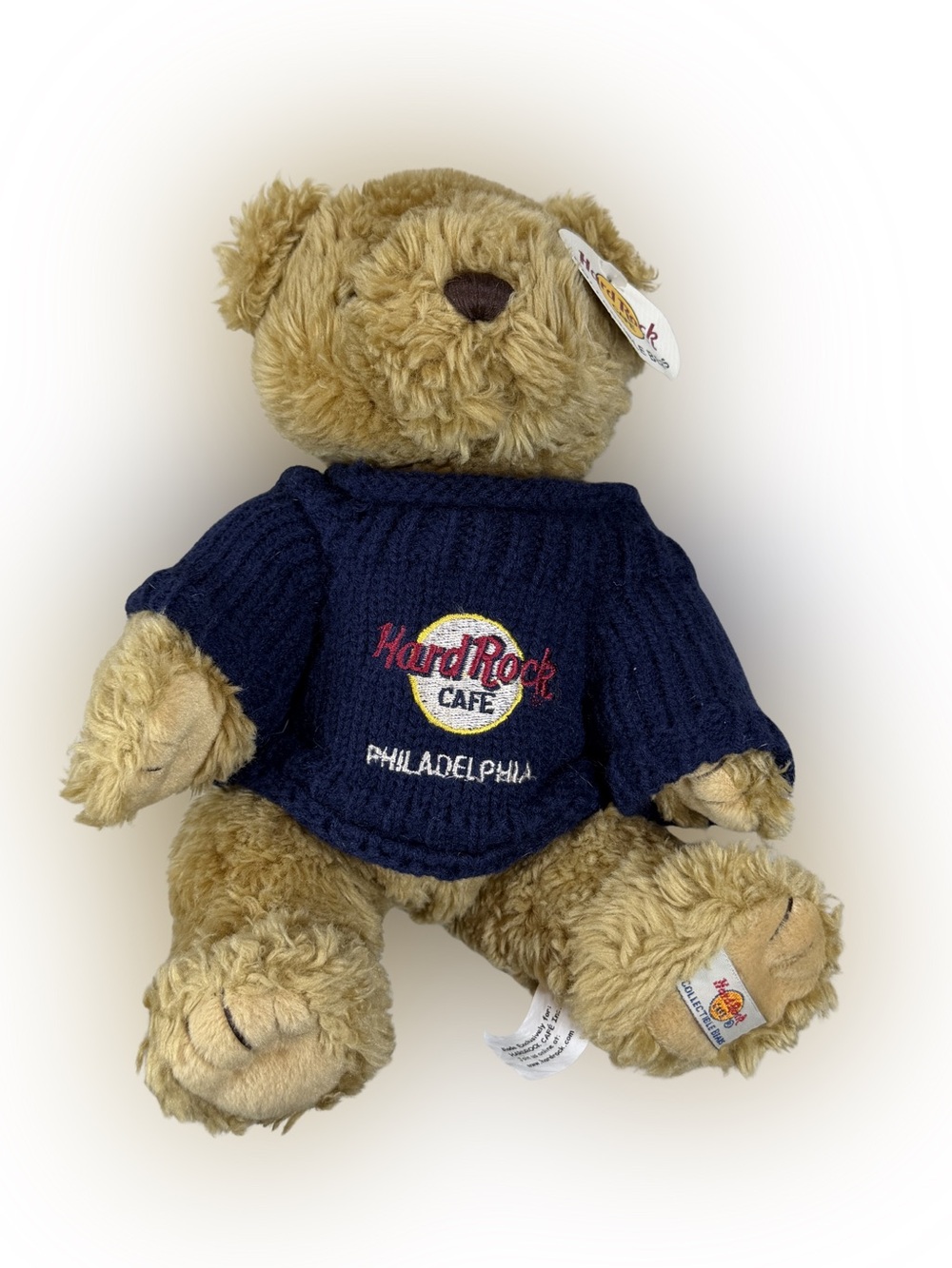 Hard Rock Cafe Philadelphia Tan Bear with Navy Knit Sweater Collectible Bear